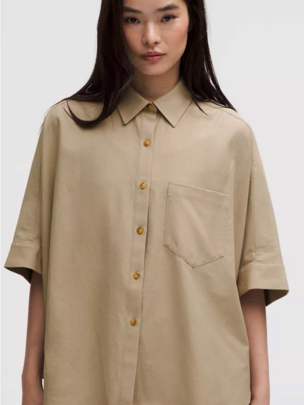 lululemon athletica LULULINEN • Beige Button-Down Short-Sleeve Shirt